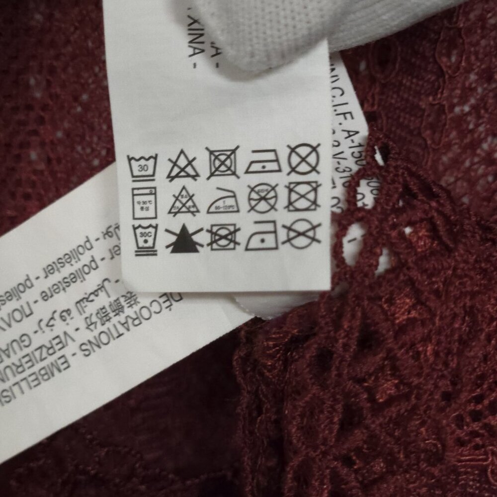 Zara Sheer Lace Blouse S Smocked Ruffle Burgundy Red Boho Romantic Whimsigoth - Picture 13 of 15